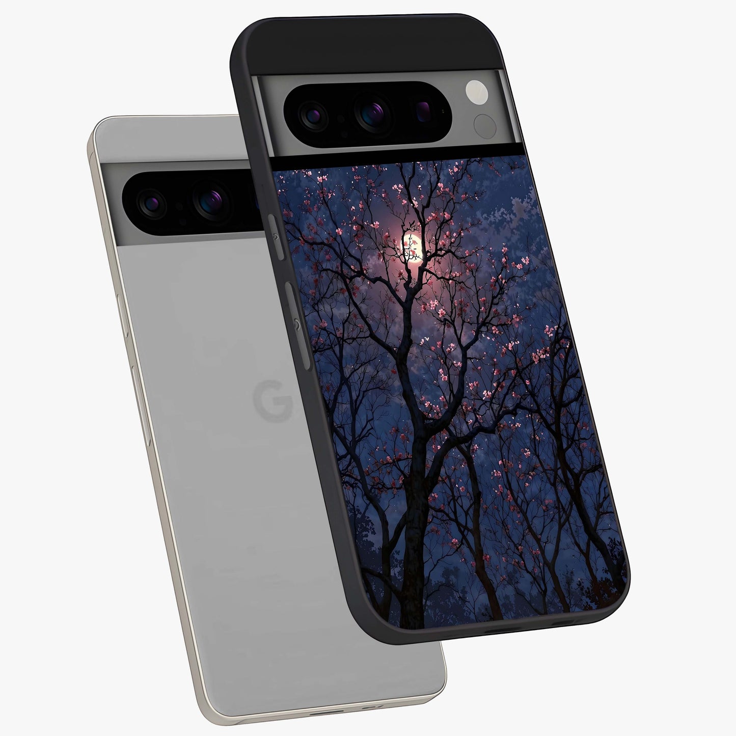 Twilight Sakura Serenade Glass Case displayed in angled mockup highlighting delicate sakura flower design with dreamy aesthetic.