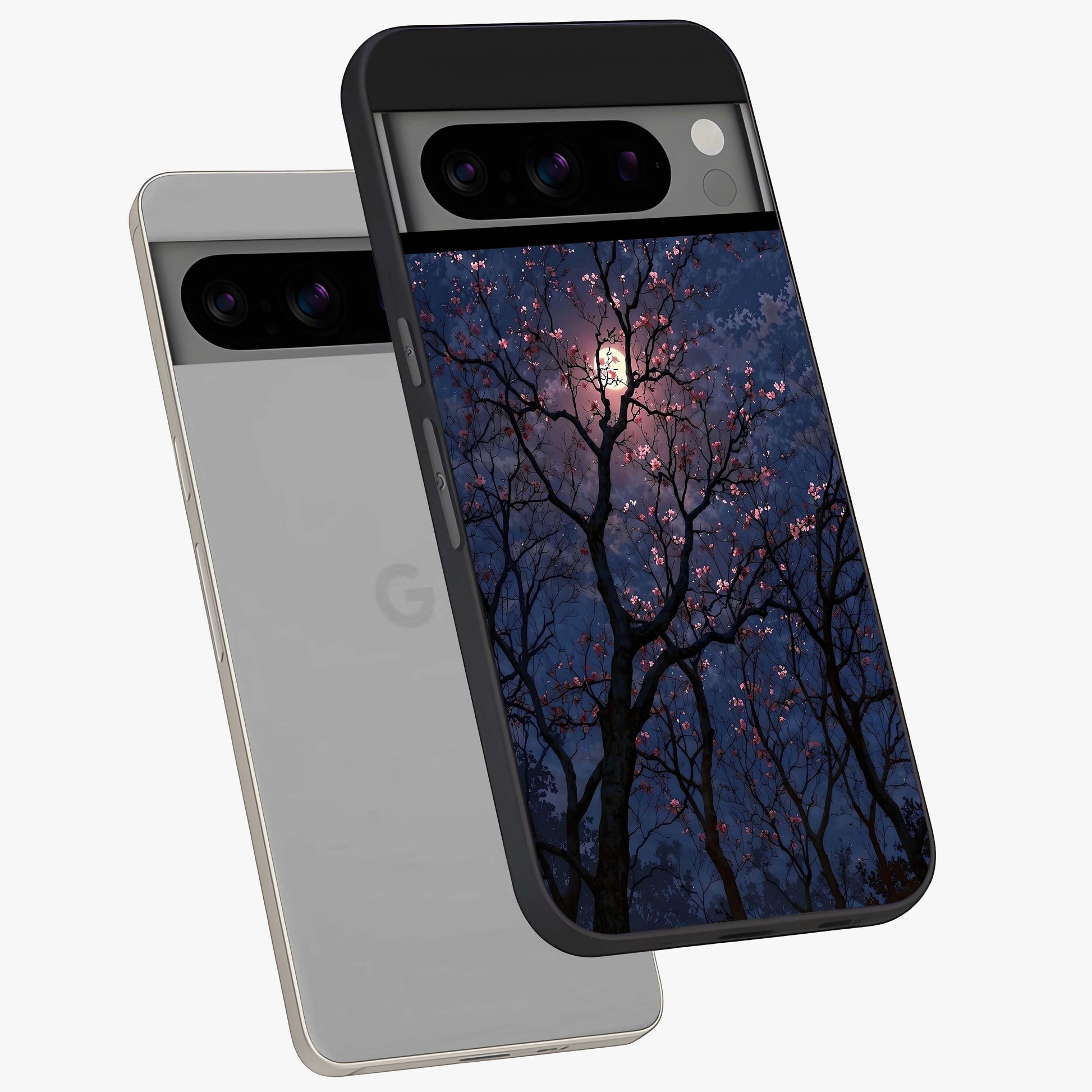 Twilight Sakura Serenade Glass Case displayed in angled mockup highlighting delicate sakura flower design with dreamy aesthetic.