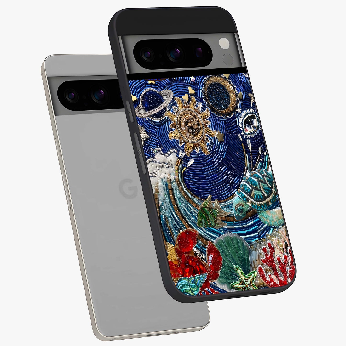 Universe Underwater Spark Glass Case displayed in angled mockup highlighting glowing aquatic design with celestial aesthetic.