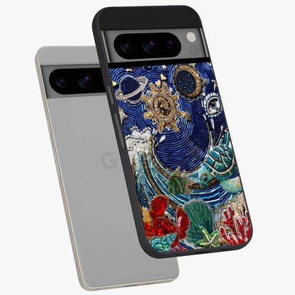Universe Underwater Spark Glass Case displayed in angled mockup highlighting glowing aquatic design with celestial aesthetic.