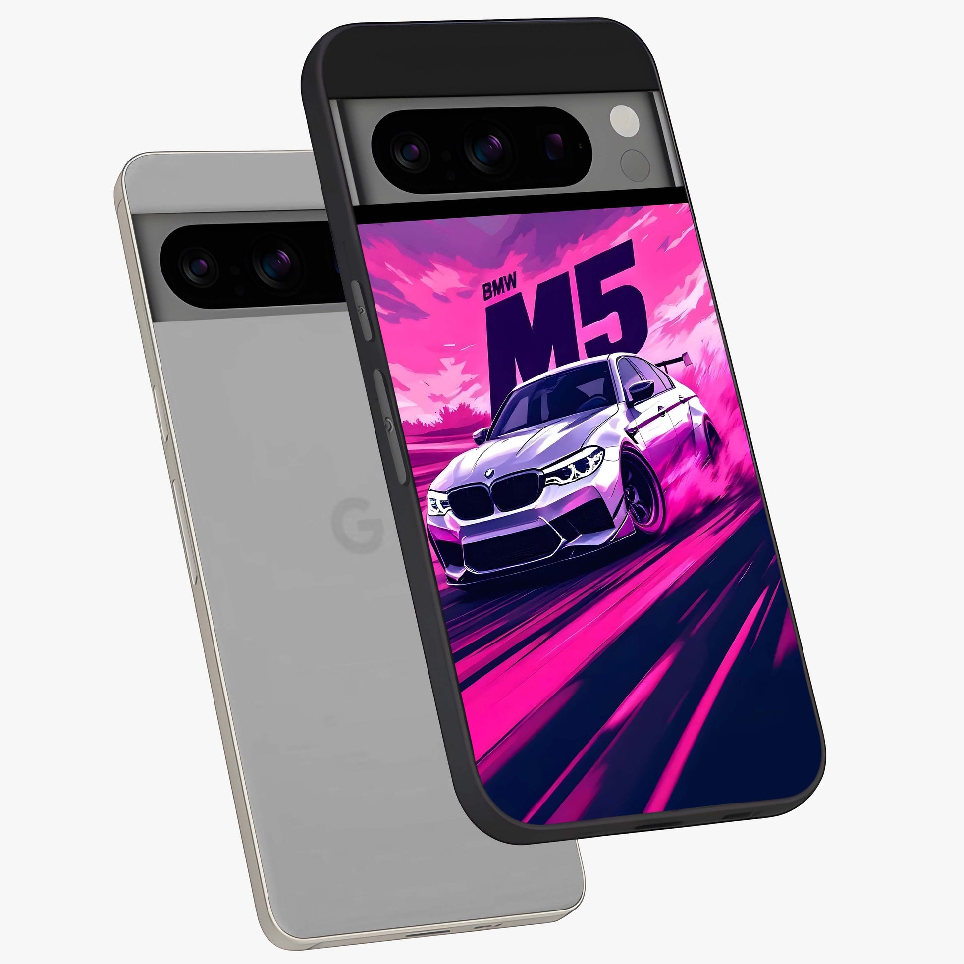 Velocity Drift Pulse Glass Case displayed in angled mockup highlighting dynamic drift design with sporty automotive aesthetic.