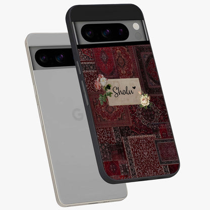 Velvet Wine Pattern Custom Name Glass Case displayed in angled mockup highlighting decorative velvet inspired design with custom name feature.