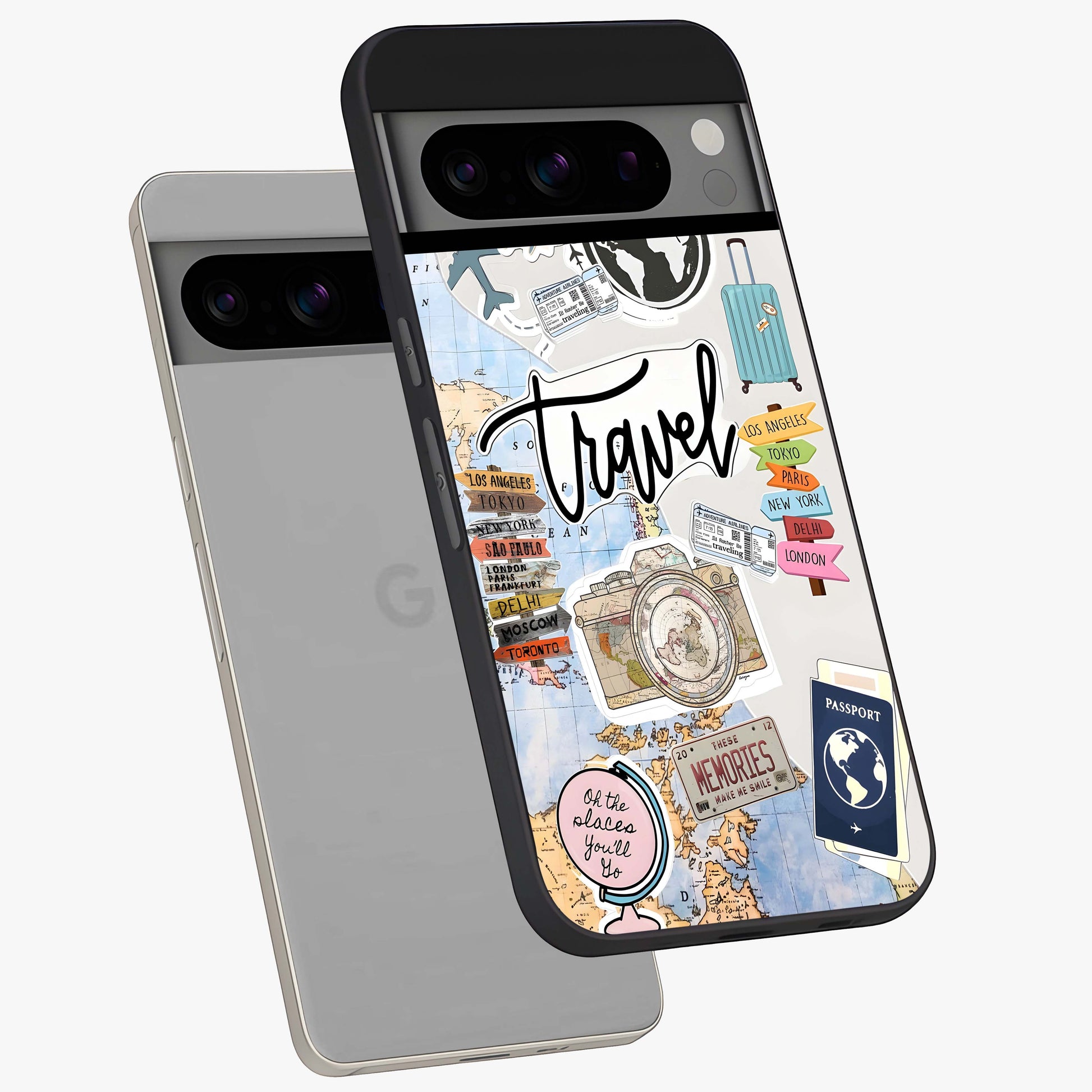 Wanderlust Journal Glass Case displayed in angled mockup highlighting adventure themed design with aesthetic travel vibe.