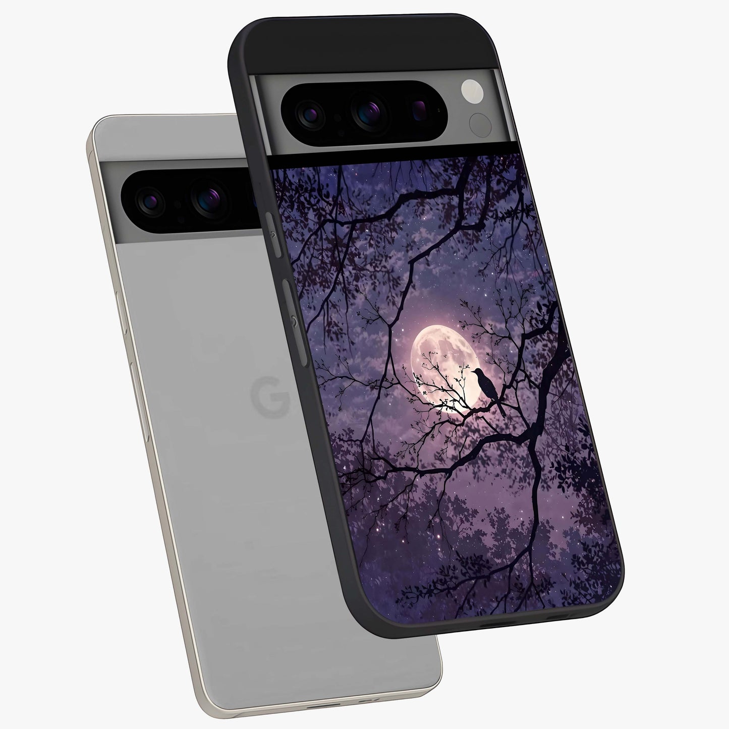 Whispering Moon Silence Glass Case displayed in angled mockup highlighting calm lunar design with dreamy night aesthetic.