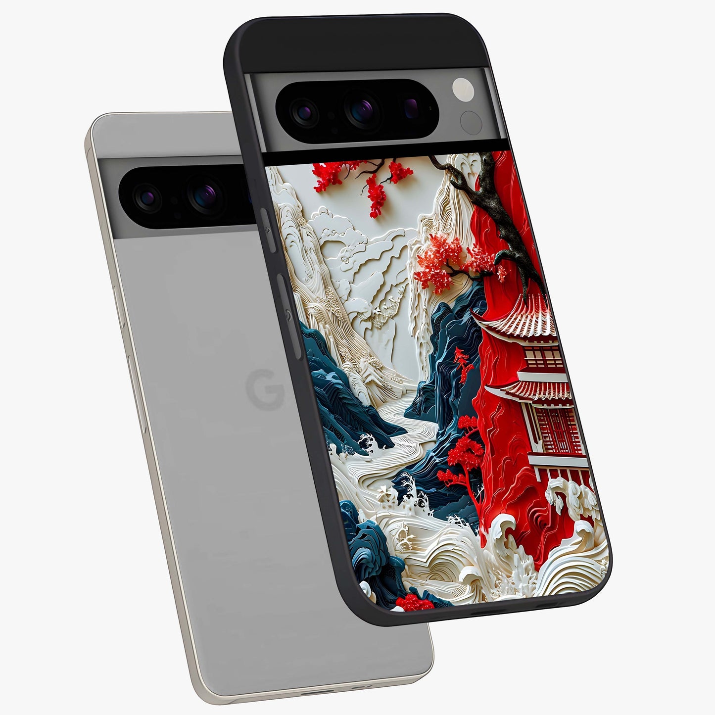 Whispers Of Sakura Waves Glass Case displayed in angled mockup highlighting flowing sakura design with soft floral aesthetic.
