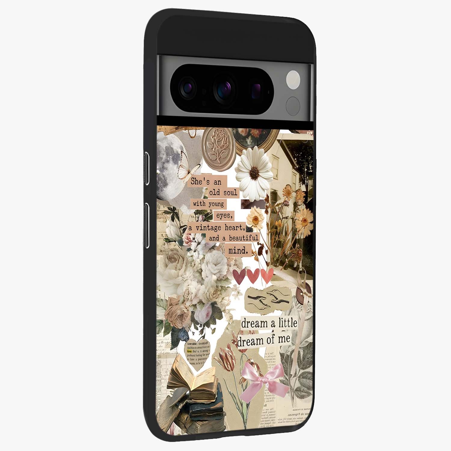 Aesthetic Brown Vintage Collage Glass Case upright view showcasing nostalgic retro artwork with stylish vintage theme.