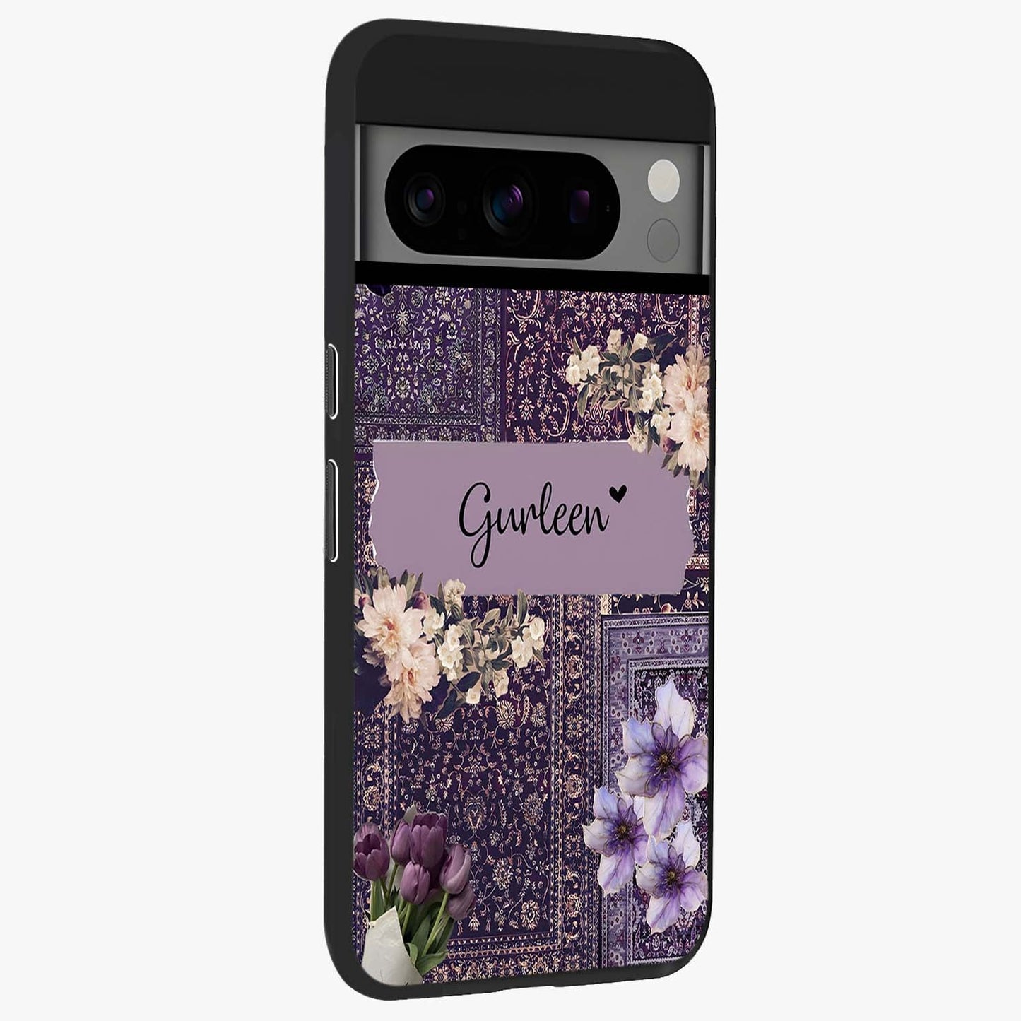 Antique Floral Whisper Custom Name Glass Case upright view showcasing delicate floral artwork with custom name feature.