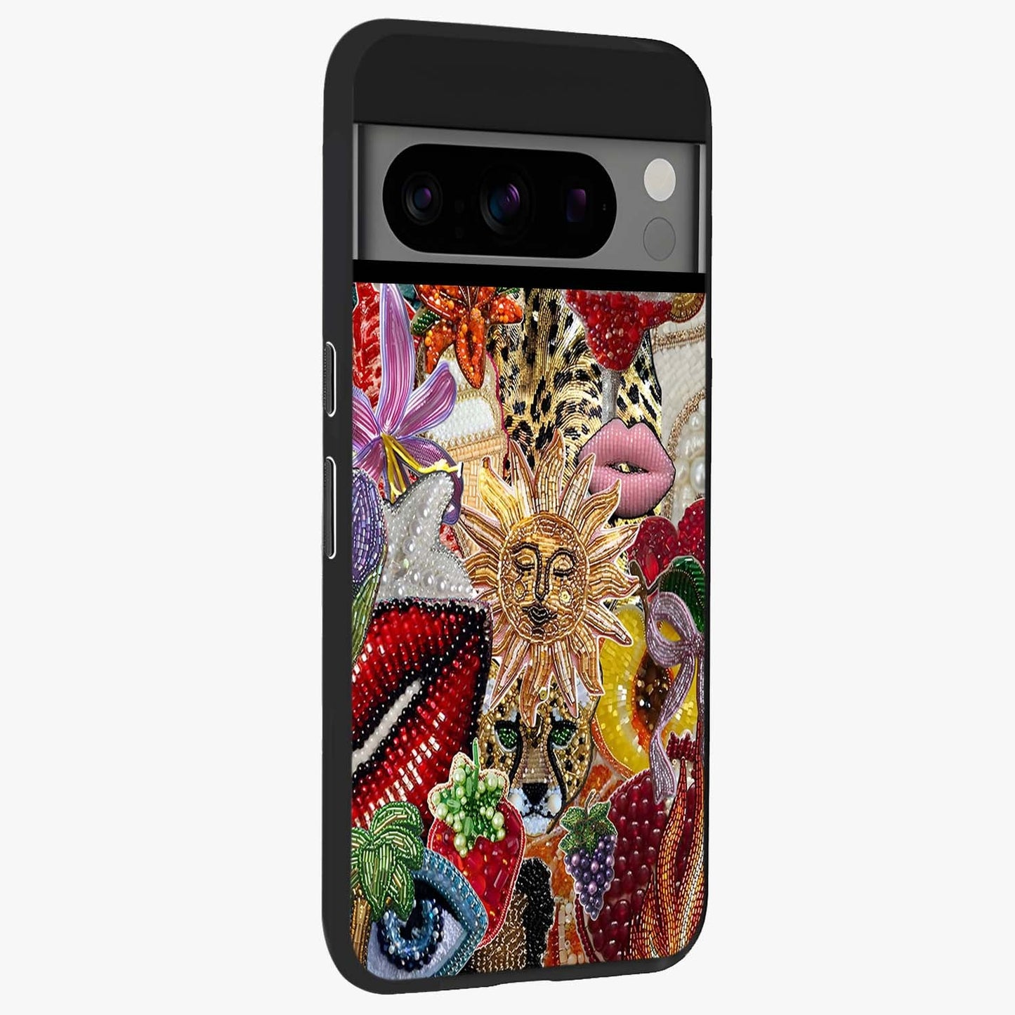 Beaded Fashion Jungle Glass Case upright view showcasing tropical jungle aesthetic with decorative bead elements.