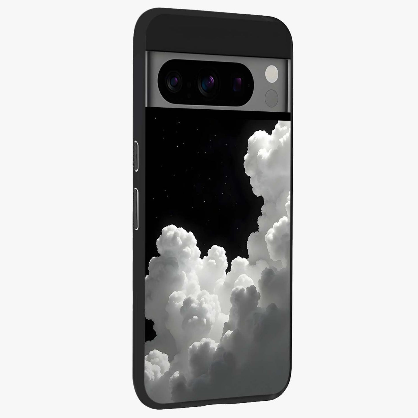 Black Background With White Cloud Glass Case upright view showcasing calm cloud aesthetic with modern minimal style.