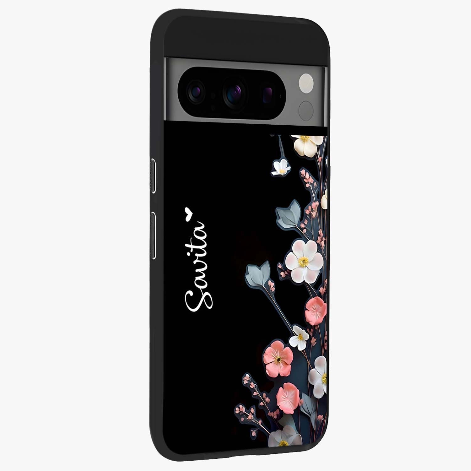 Black Elegance Floral Custom Name Glass Case upright view showcasing luxurious black floral design with personalized name detail.