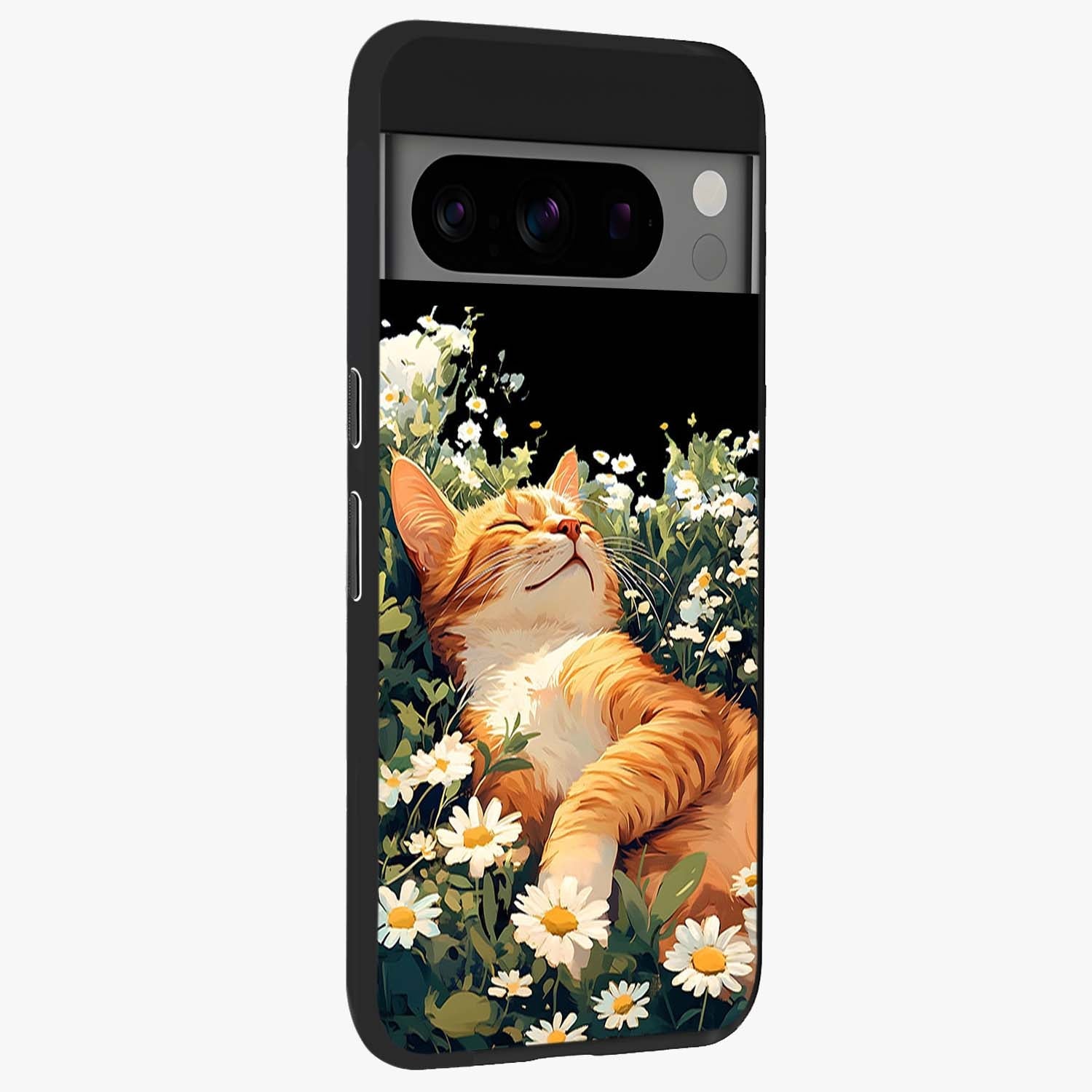 Blissful Bloom Cat Glass Case upright view showcasing charming cat design surrounded by blooming floral elements.