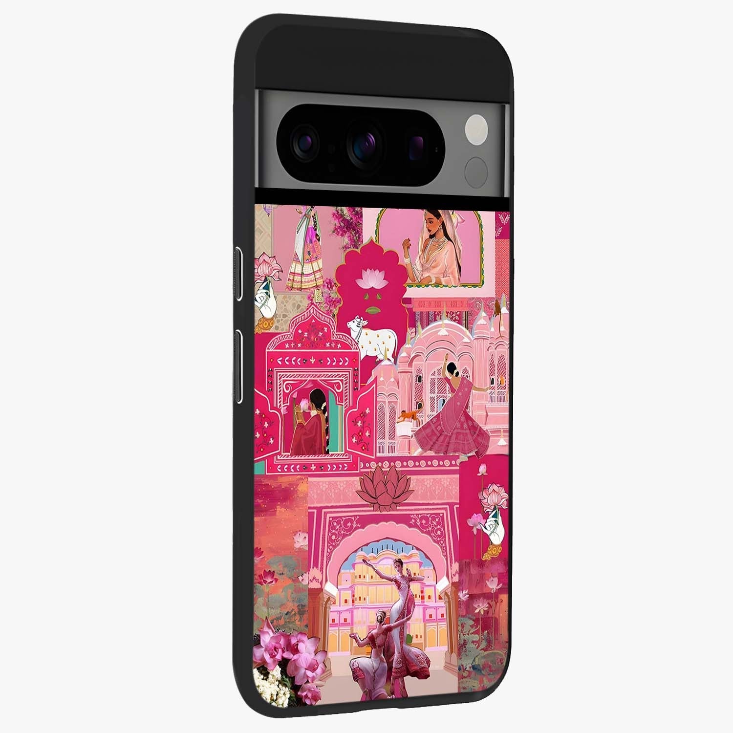 Blossoms of Rajasthan Glass Case upright view showcasing colorful floral design inspired by traditional Indian art.