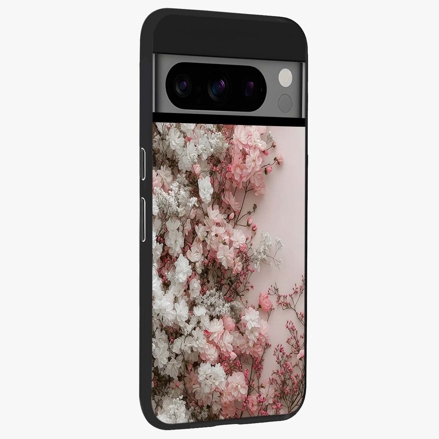 Blush Blossom Cloud Glass Case upright view showcasing calm floral cloud artwork with gentle dreamy theme.