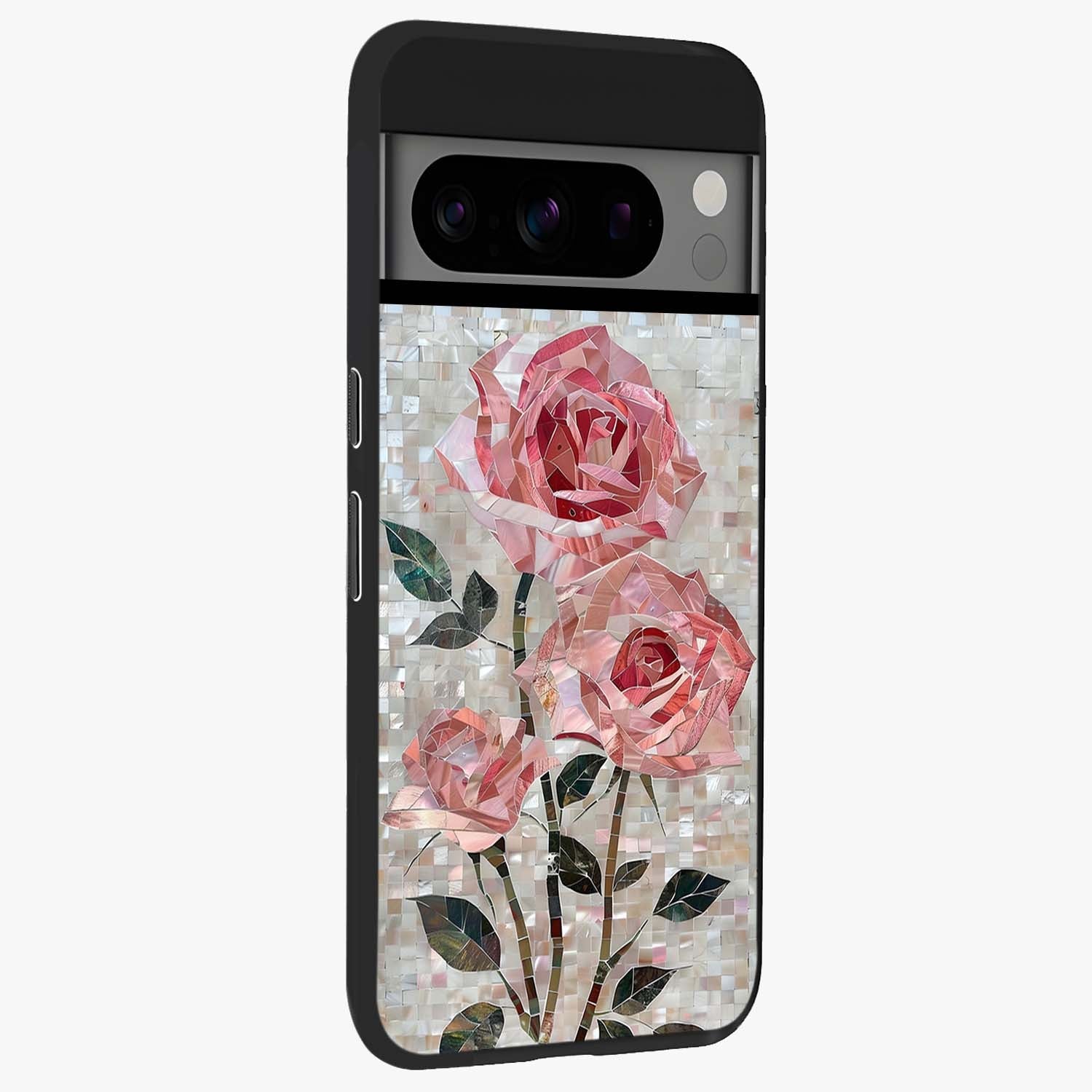 Blush Mosaic Bloom Glass Case upright view showcasing decorative floral mosaic artwork with stylish modern aesthetic.