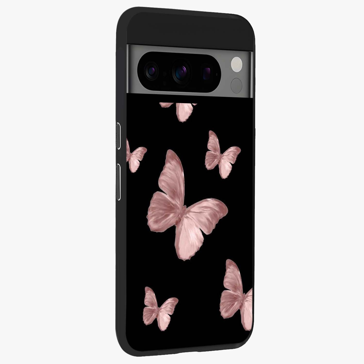 Butterfly Pattern Glass Case upright view showcasing graceful butterfly artwork with soft decorative theme.