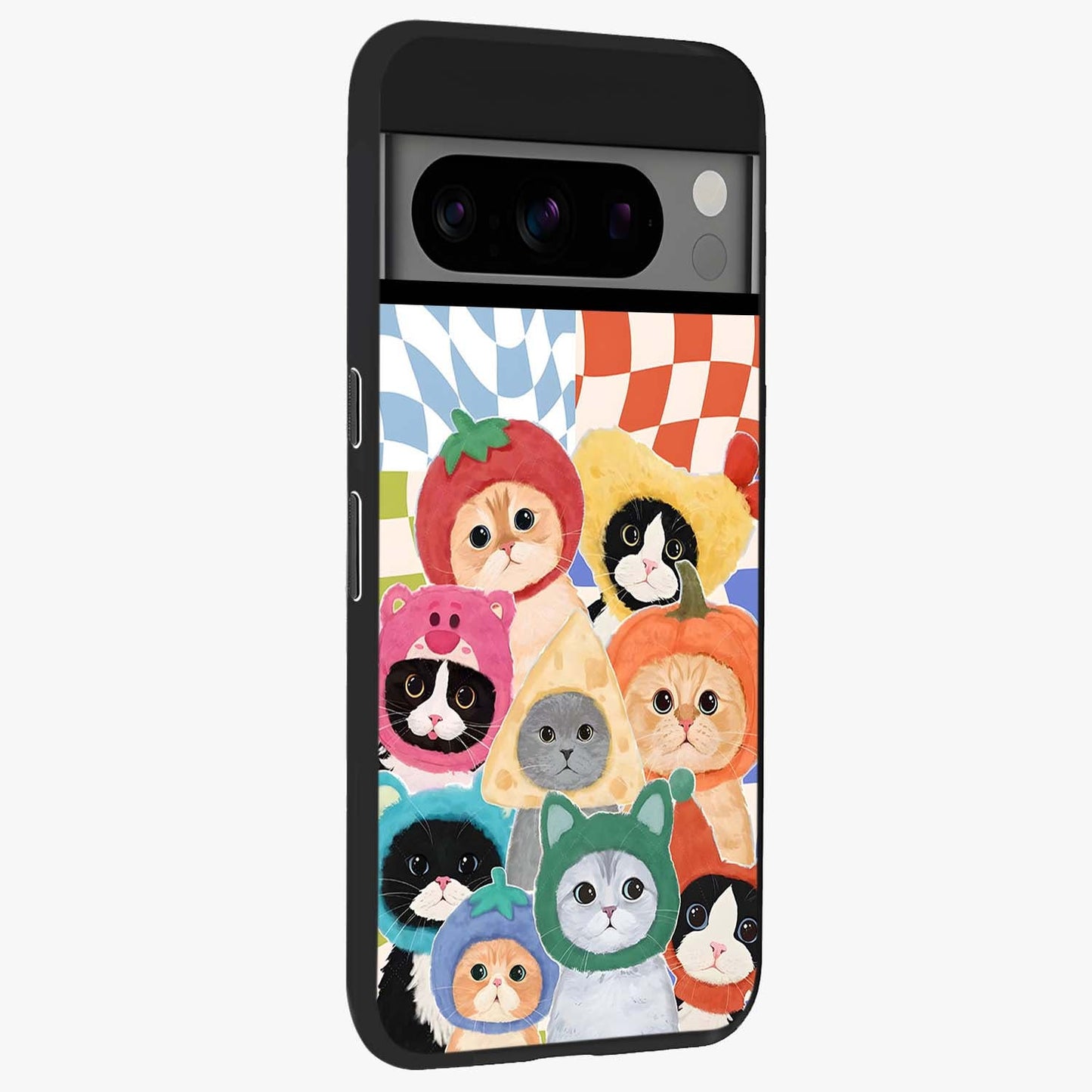 Cats in Fruits Glass Case upright view showcasing charming cat artwork with fun fruity theme.