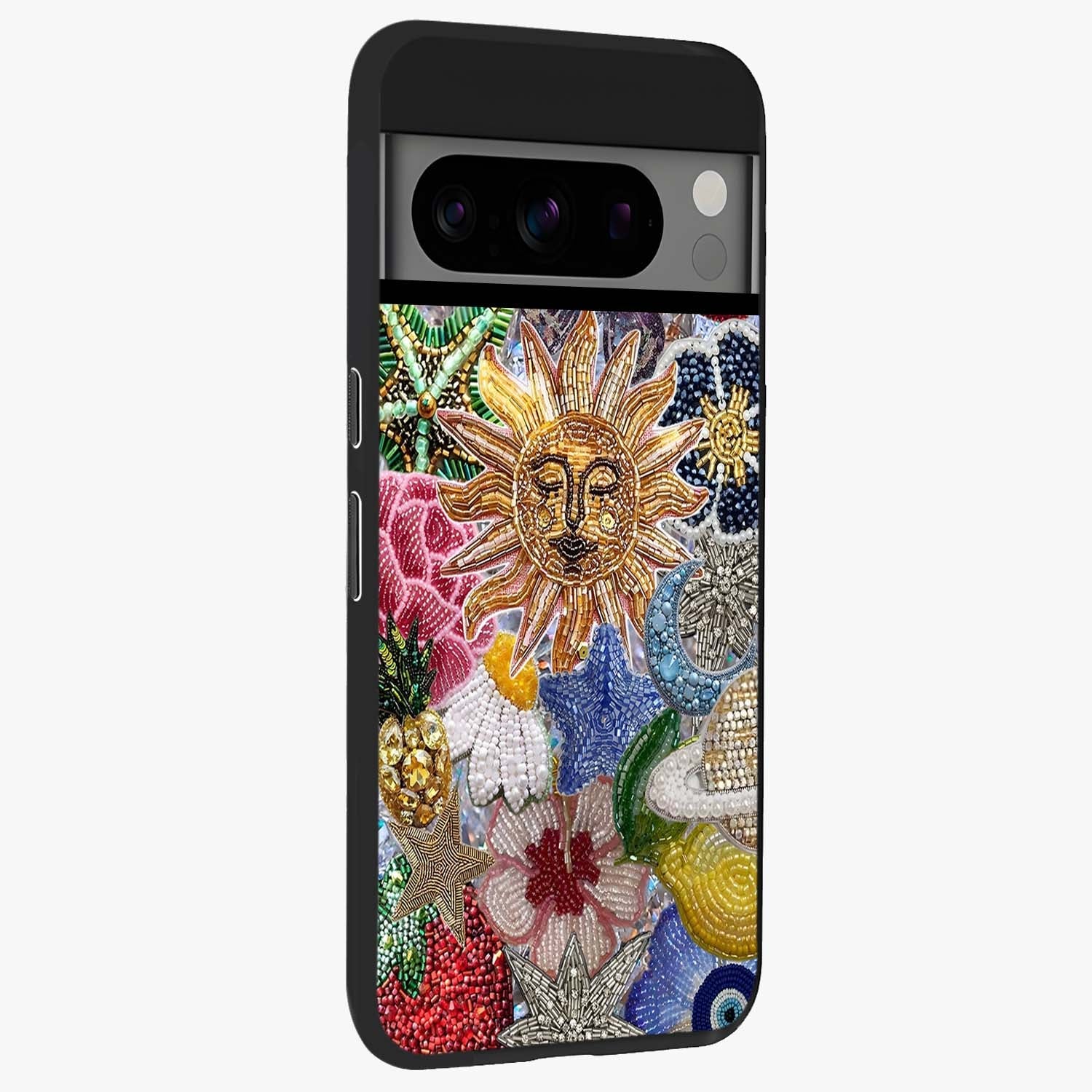 Celestial Floral and Playful Glass Case upright view showcasing whimsical floral artwork with cosmic aesthetic theme.