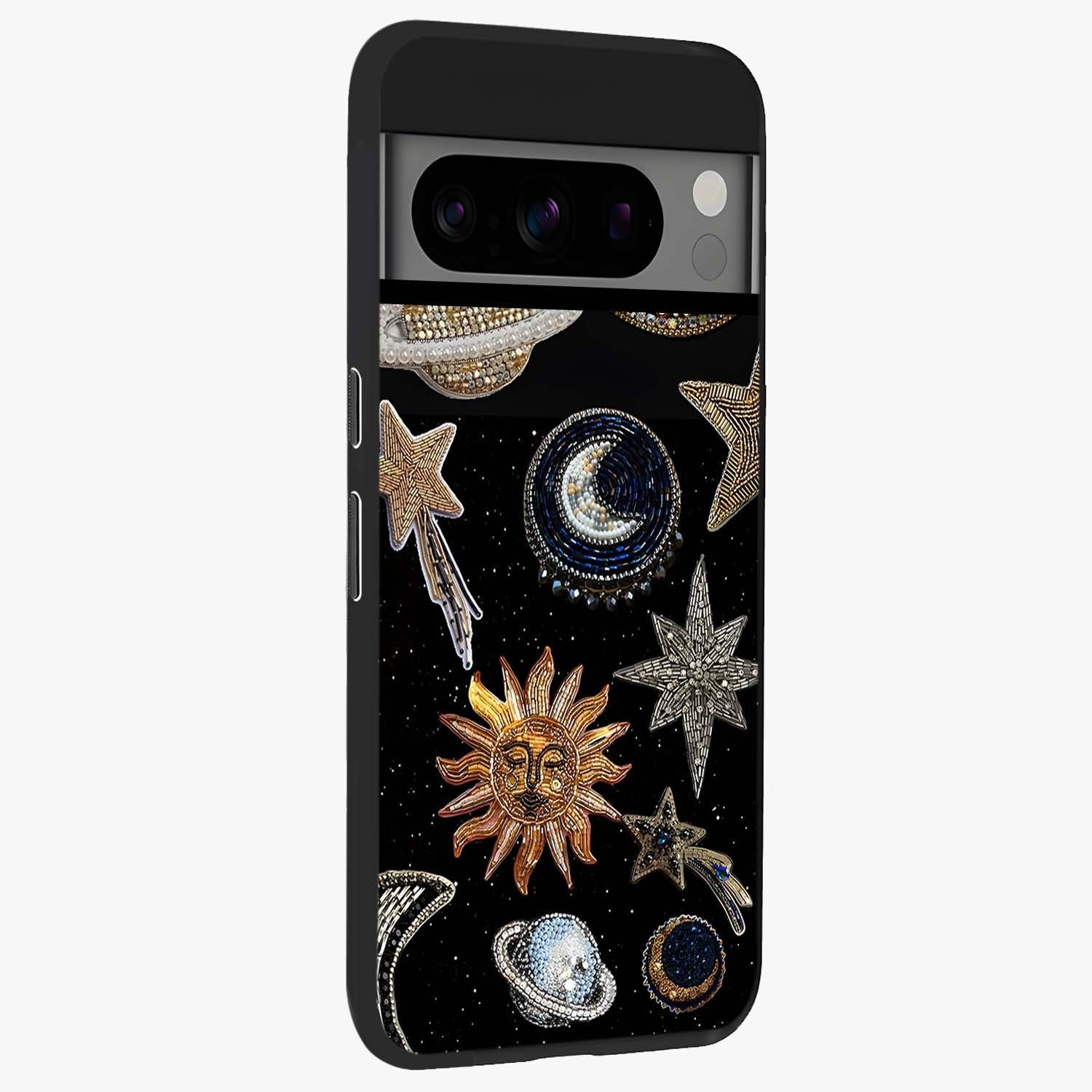 Celestial Gem Constellations Glass Case upright view showcasing cosmic constellation artwork with celestial aesthetic style.