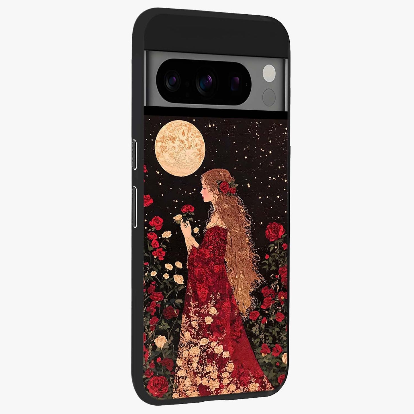 Crimson Dreams Glass Case upright view showcasing dreamy red toned artwork with modern aesthetic style.