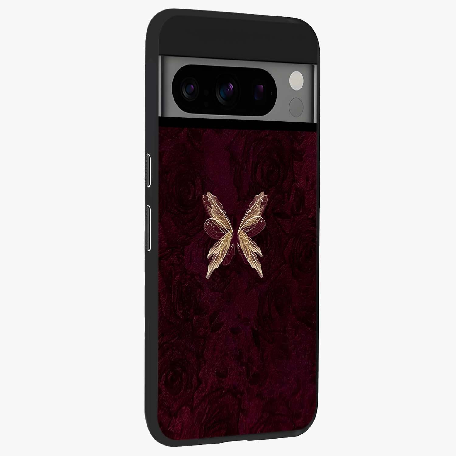 Crimson Fade Butterfly Glass Case upright view showcasing graceful butterfly artwork with soft crimson fade effect.