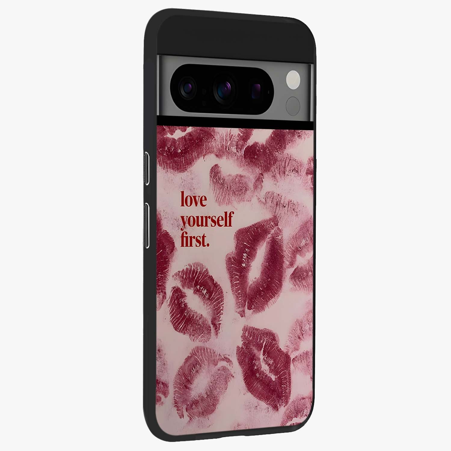 Crimson Kiss Love Glass Case upright view showcasing expressive romantic artwork with deep crimson theme.