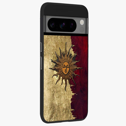 Crimson Sun Majesty Glass Case upright view showcasing vibrant sun artwork with powerful celestial theme.
