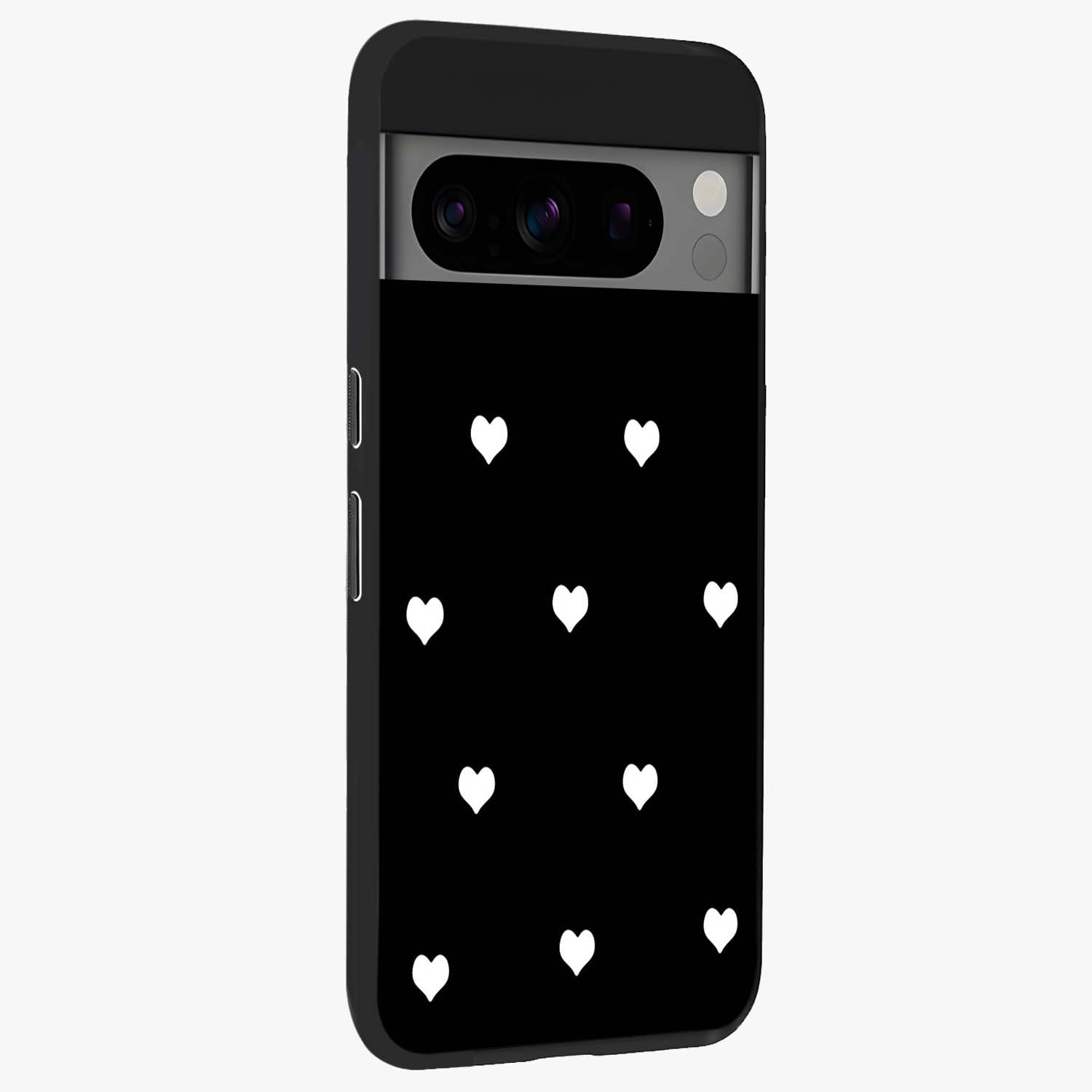 Cute And Simple White Hearts Glass Case upright view showcasing simple white hearts artwork with soft minimal theme.