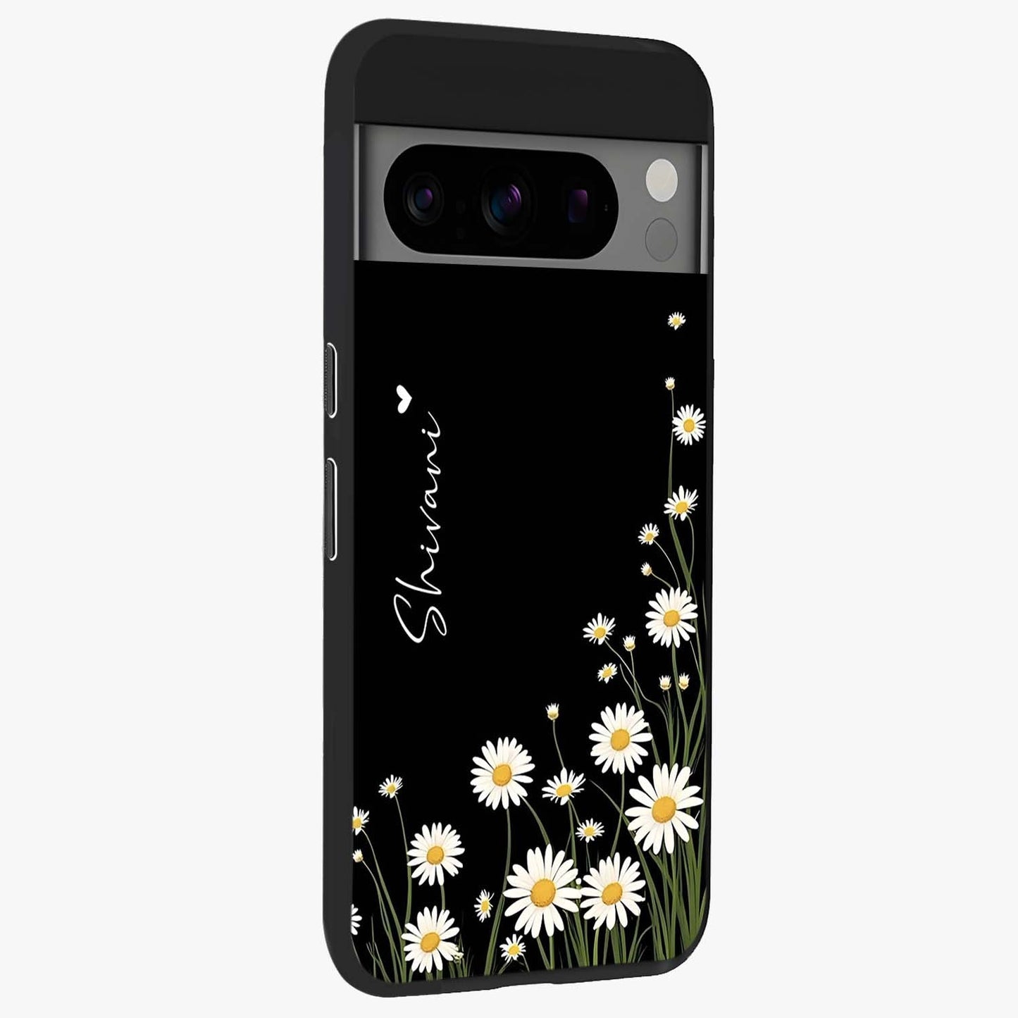 Daisy Cascade Custom Name Glass Case upright view showcasing elegant floral cascade design with personalized aesthetic.