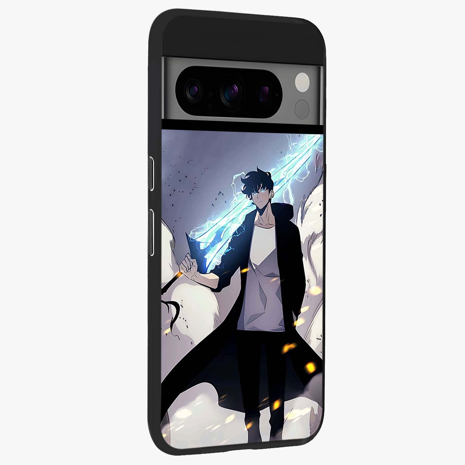 Dark Lightning Anime Warrior Glass Case upright view showcasing dramatic warrior artwork with dark lightning aesthetic.