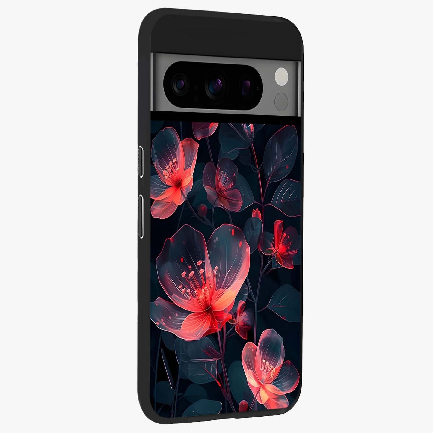 Dark Shade of Flower Glass Case upright view showcasing delicate flower artwork with rich dark floral theme.