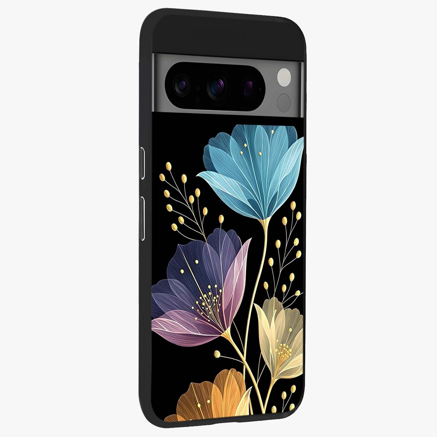 Delicate Multicolor Flowers Glass Case upright view showcasing delicate floral artwork with bright botanical theme.
