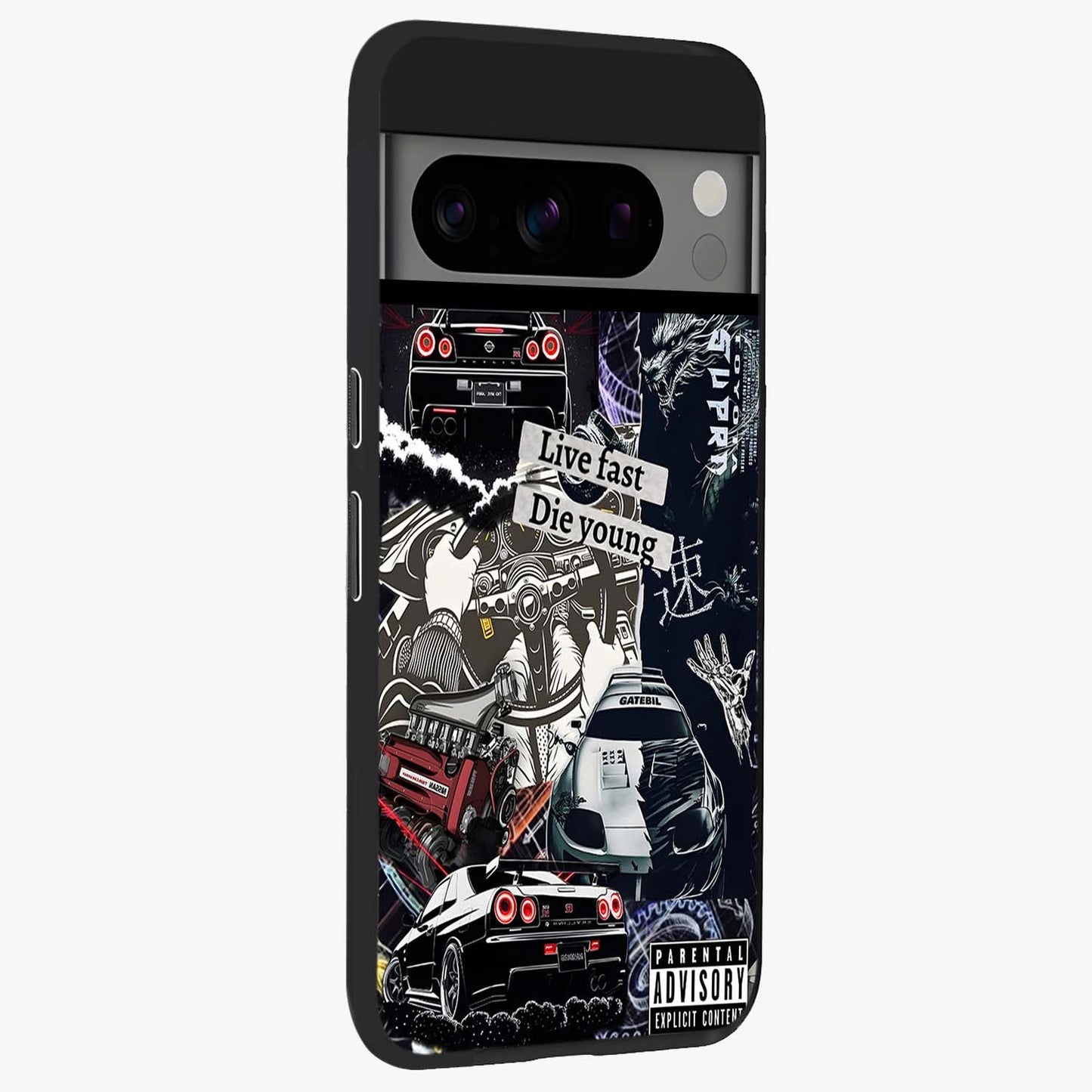Die Young Glass Case upright view showcasing striking typography artwork with modern statement theme.