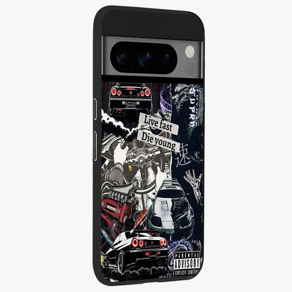 Die Young Glass Case upright view showcasing striking typography artwork with modern statement theme.