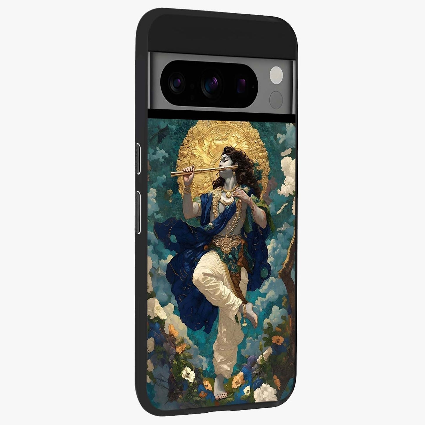 Divine Krishna Art Glass Case upright view showcasing divine Krishna artwork with sacred artistic theme.