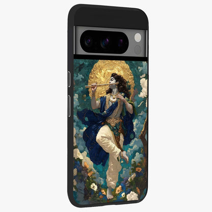 Divine Krishna Art Glass Case upright view showcasing divine Krishna artwork with sacred artistic theme.