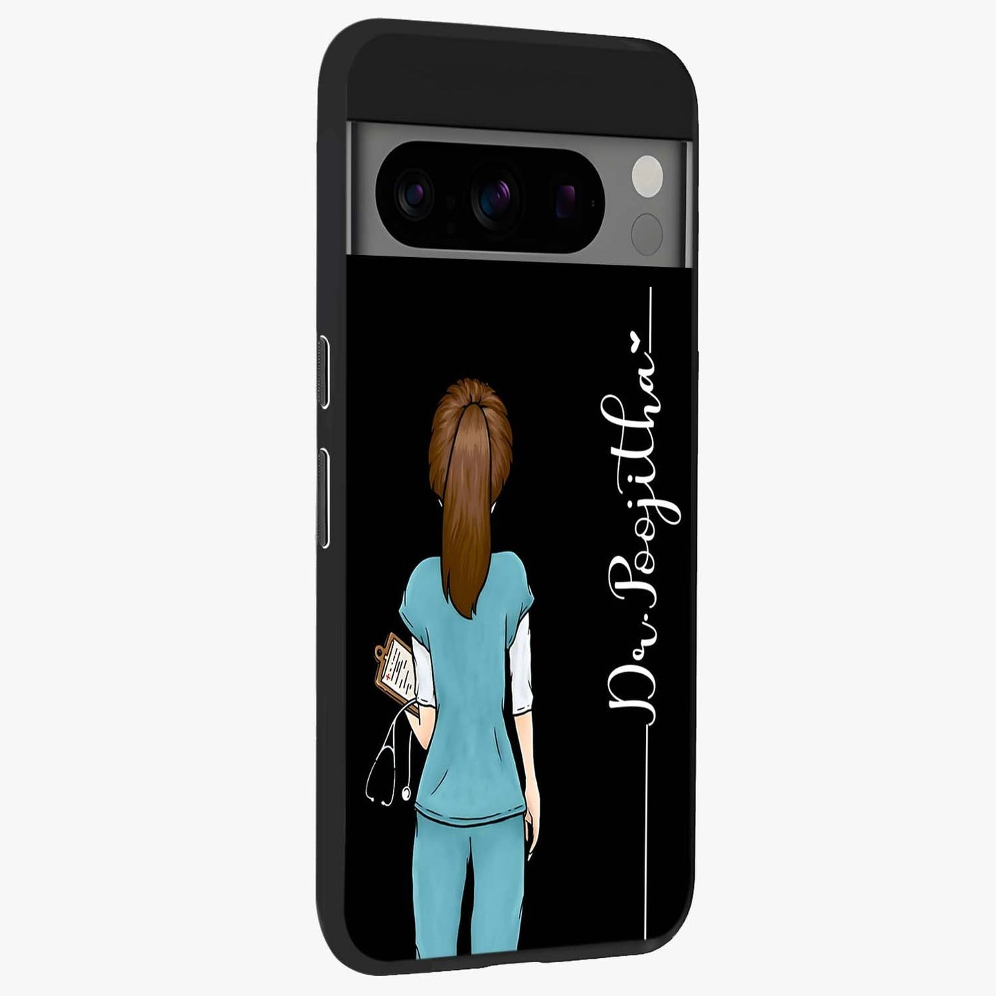 Doctor Pattern Custom Name Glass Case upright view showcasing healthcare themed design with personalized aesthetic.
