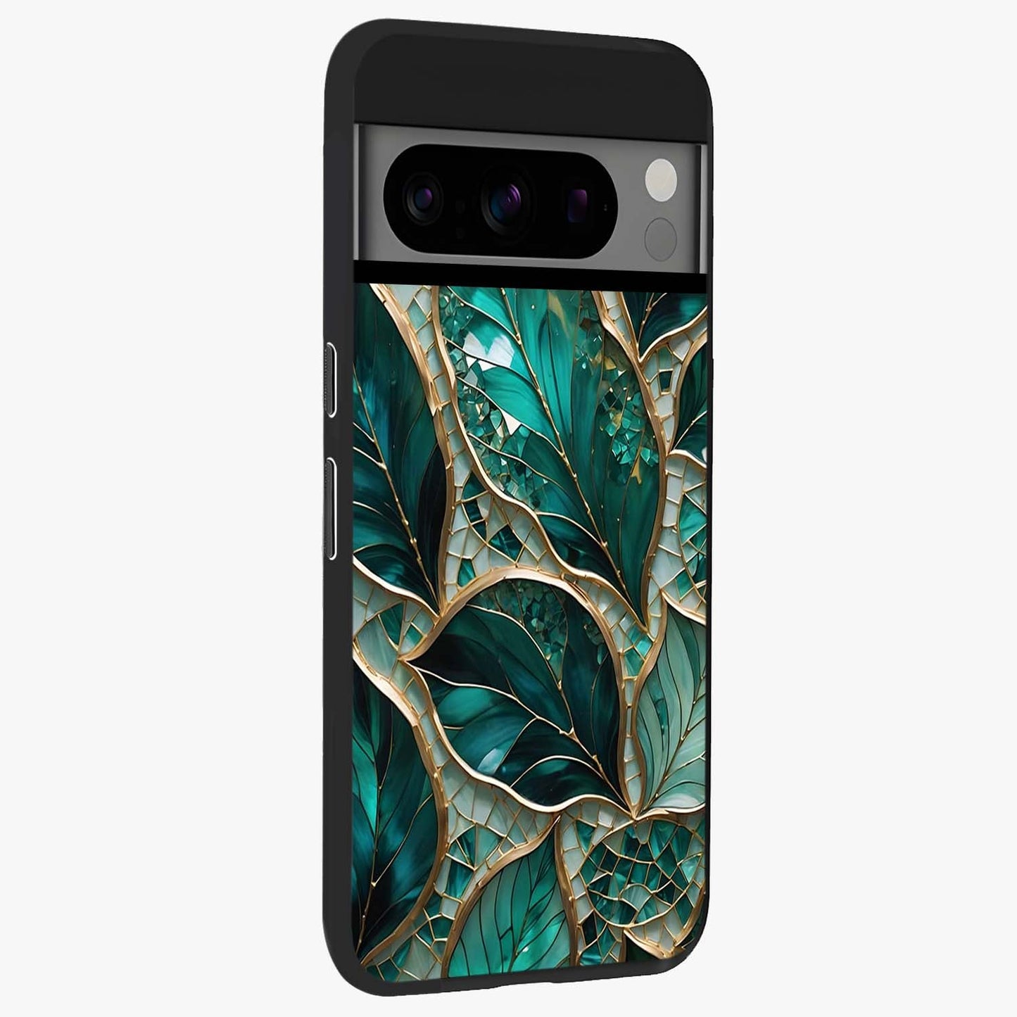 Emerald Leaf Glass Glass Case upright view showcasing fresh green leaf artwork with calming nature inspired style.