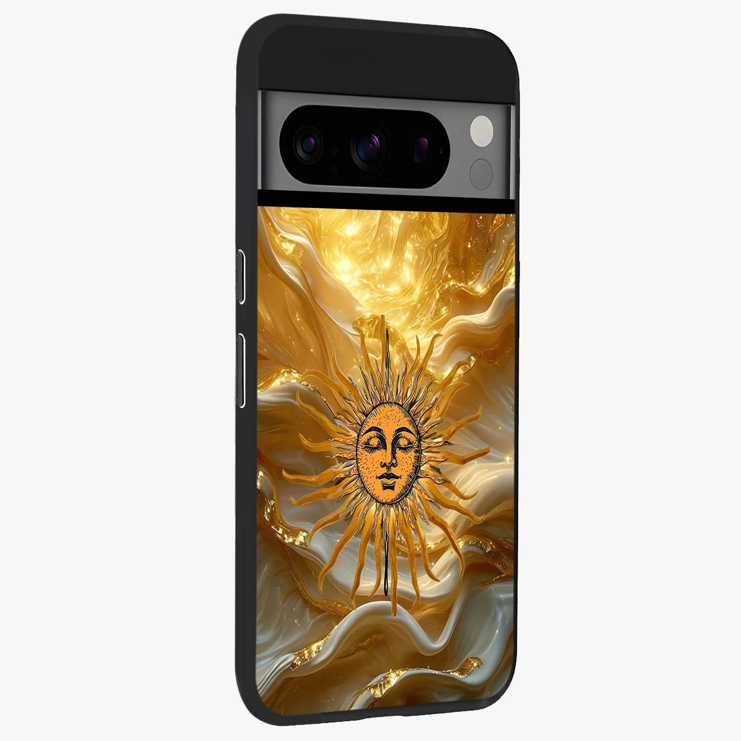 Eternal Golden Glow Glass Case upright view showcasing luminous golden artwork with luxurious visual theme.