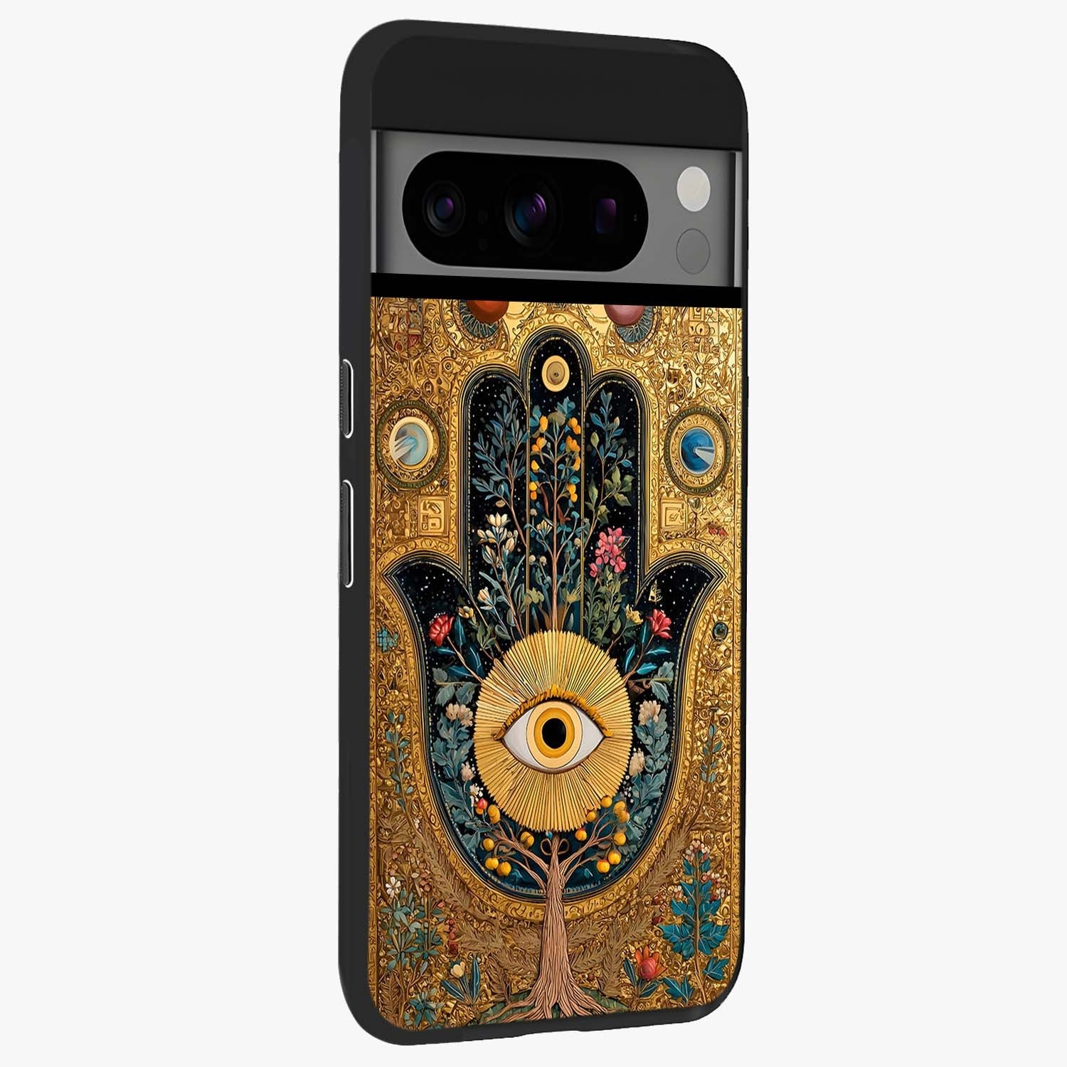 Ethereal Evil Eye Glass Case upright view showcasing celestial evil eye artwork with mystical theme.