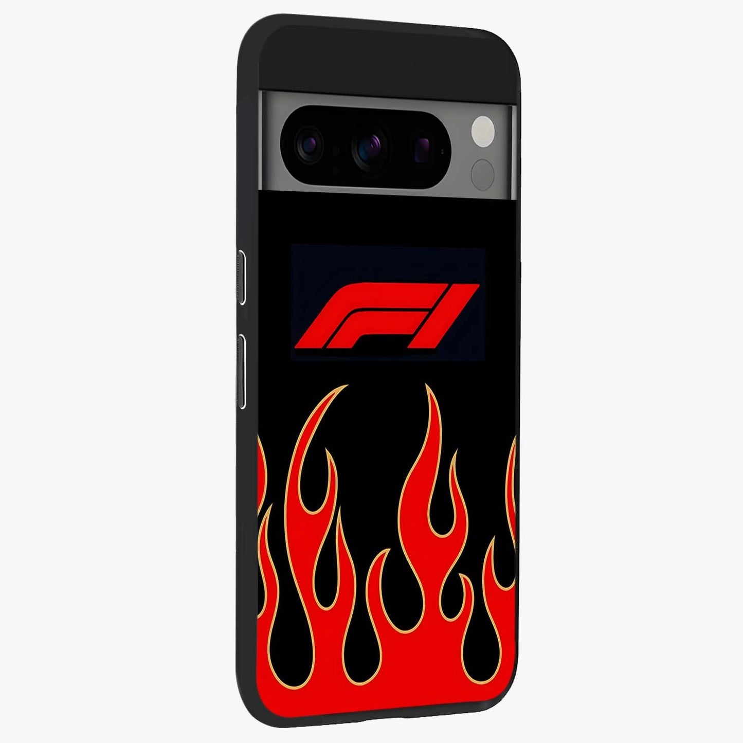 Fire F11 Glass Case upright view showcasing dynamic flame artwork with intense visual theme.