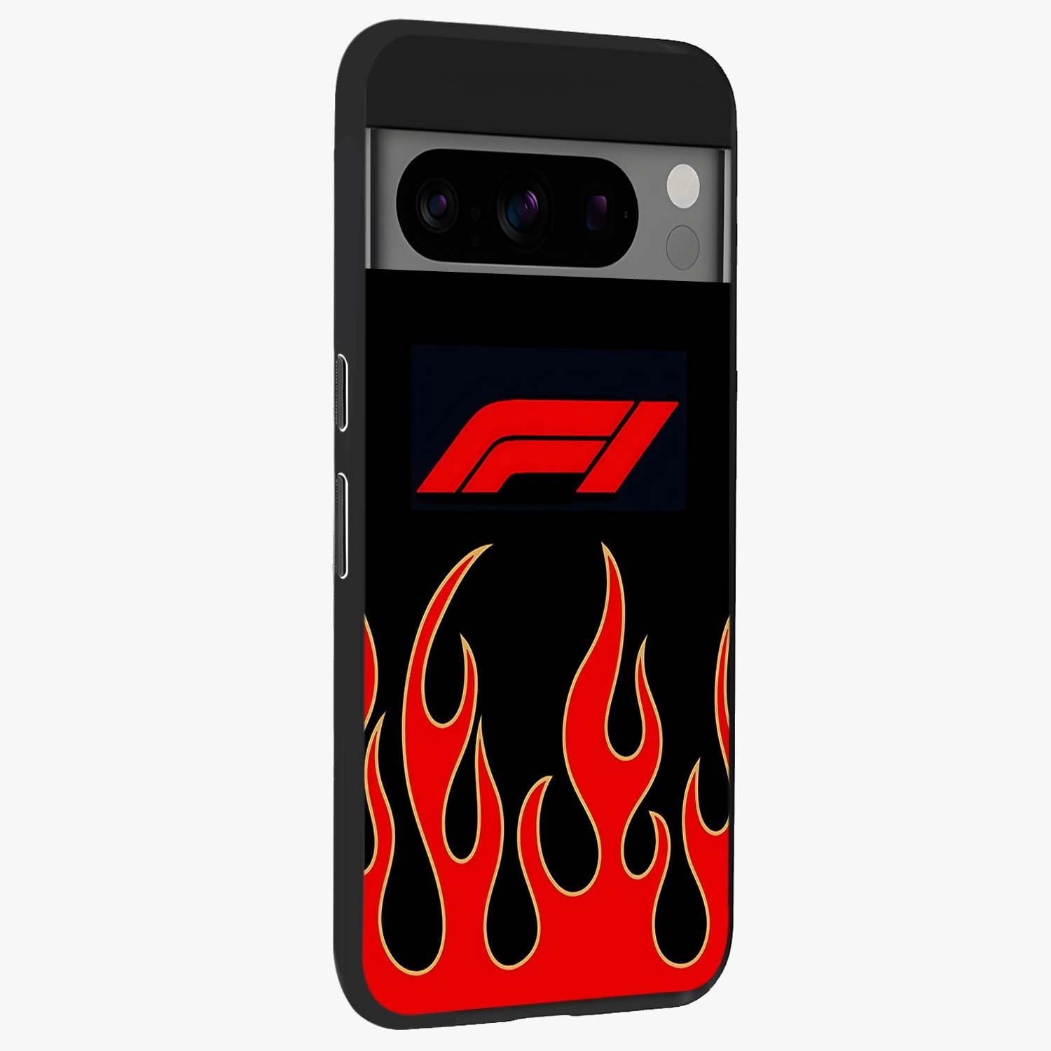 Fire F11 Glass Case upright view showcasing dynamic flame artwork with intense visual theme.