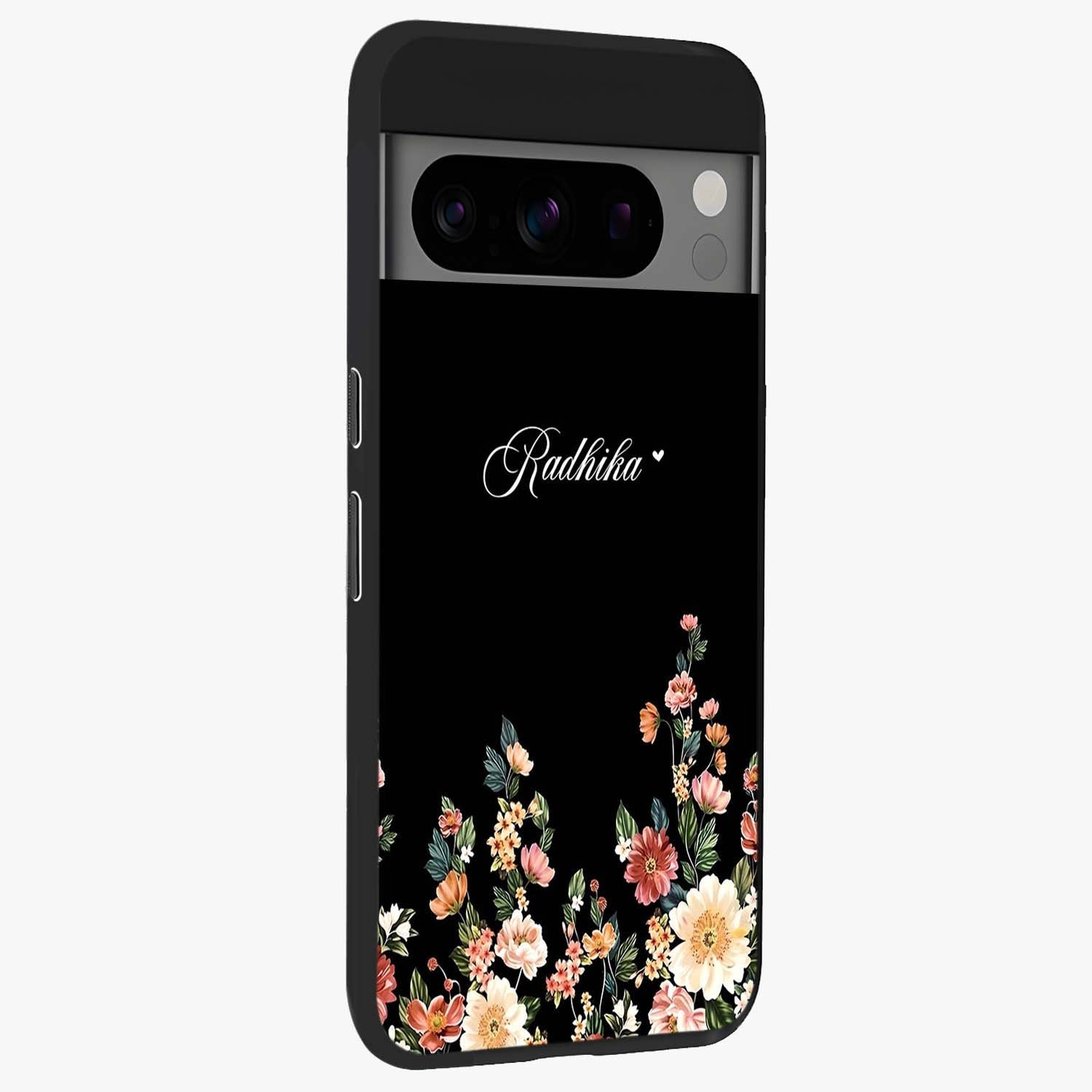 Floral Design With a Custom Personalized Name Glass Case upright view showcasing delicate floral artwork with personalized aesthetic style.
