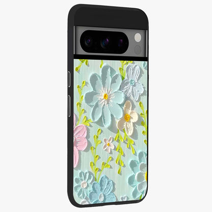Frosted Petal Garden Glass Case upright view showcasing elegant floral garden artwork with soothing pastel theme.