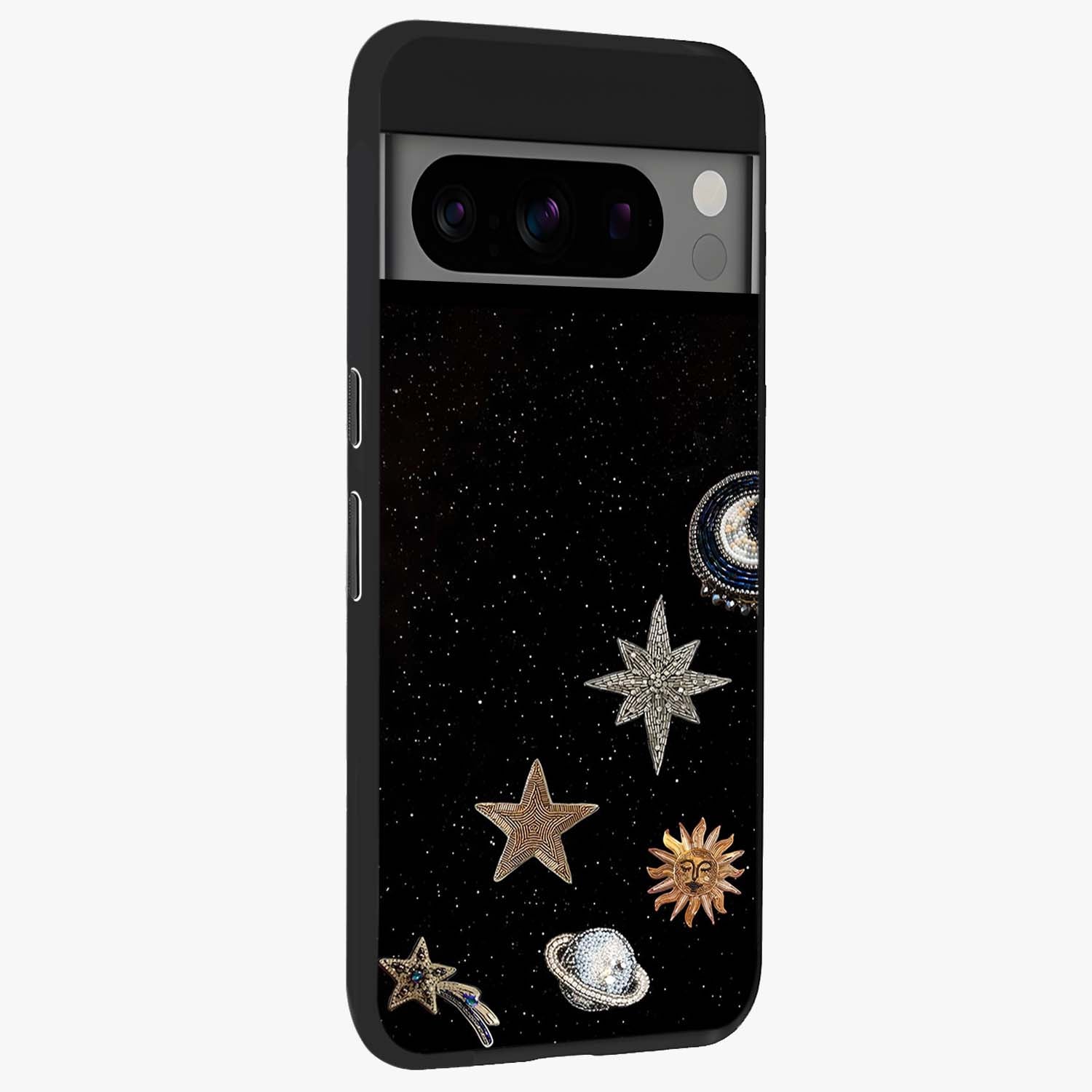 Galactic Charm Glow Glass Case upright view showcasing glowing cosmic charm artwork with magical celestial style.