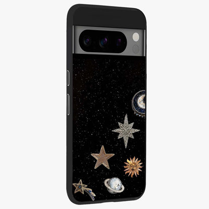 Galactic Charm Glow Glass Case upright view showcasing glowing cosmic charm artwork with magical celestial style.
