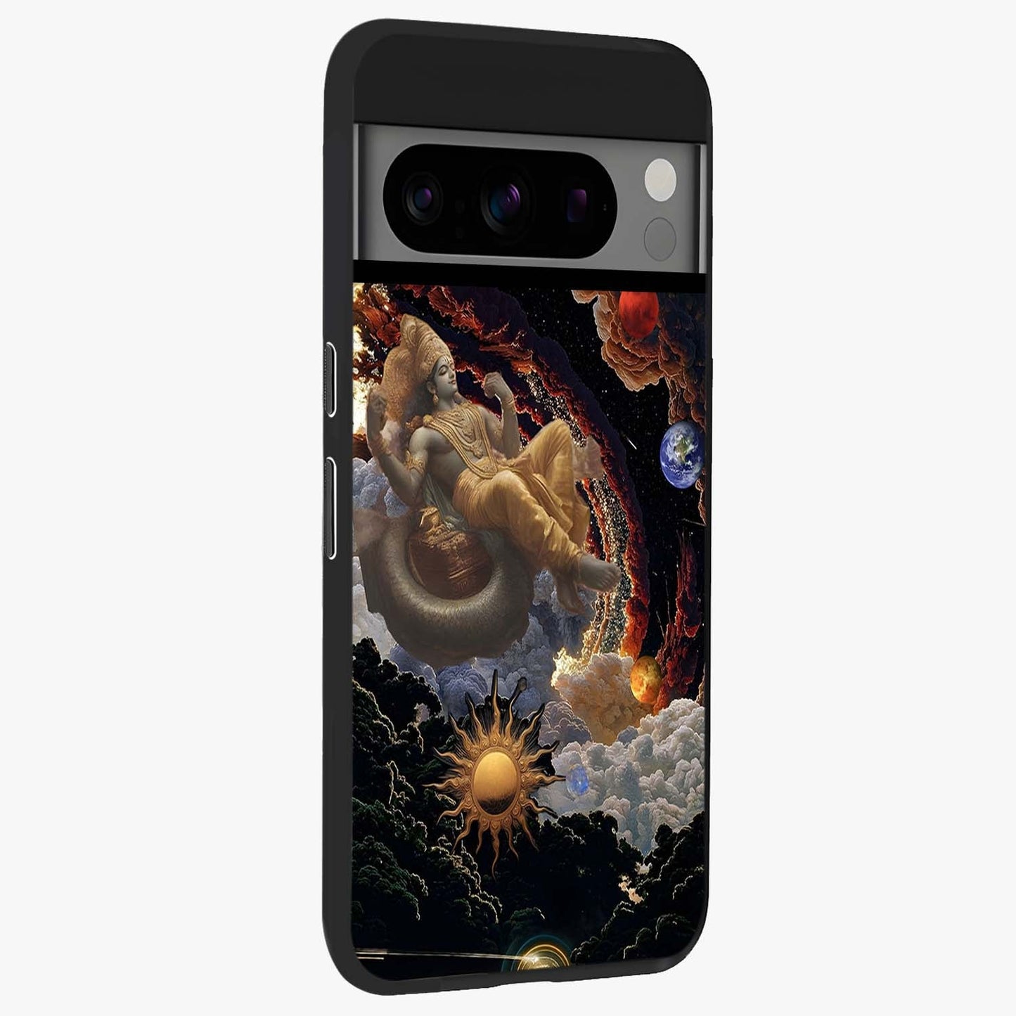 Galactic Divine God Glass Case upright view showcasing mystical divine artwork with dramatic cosmic theme.