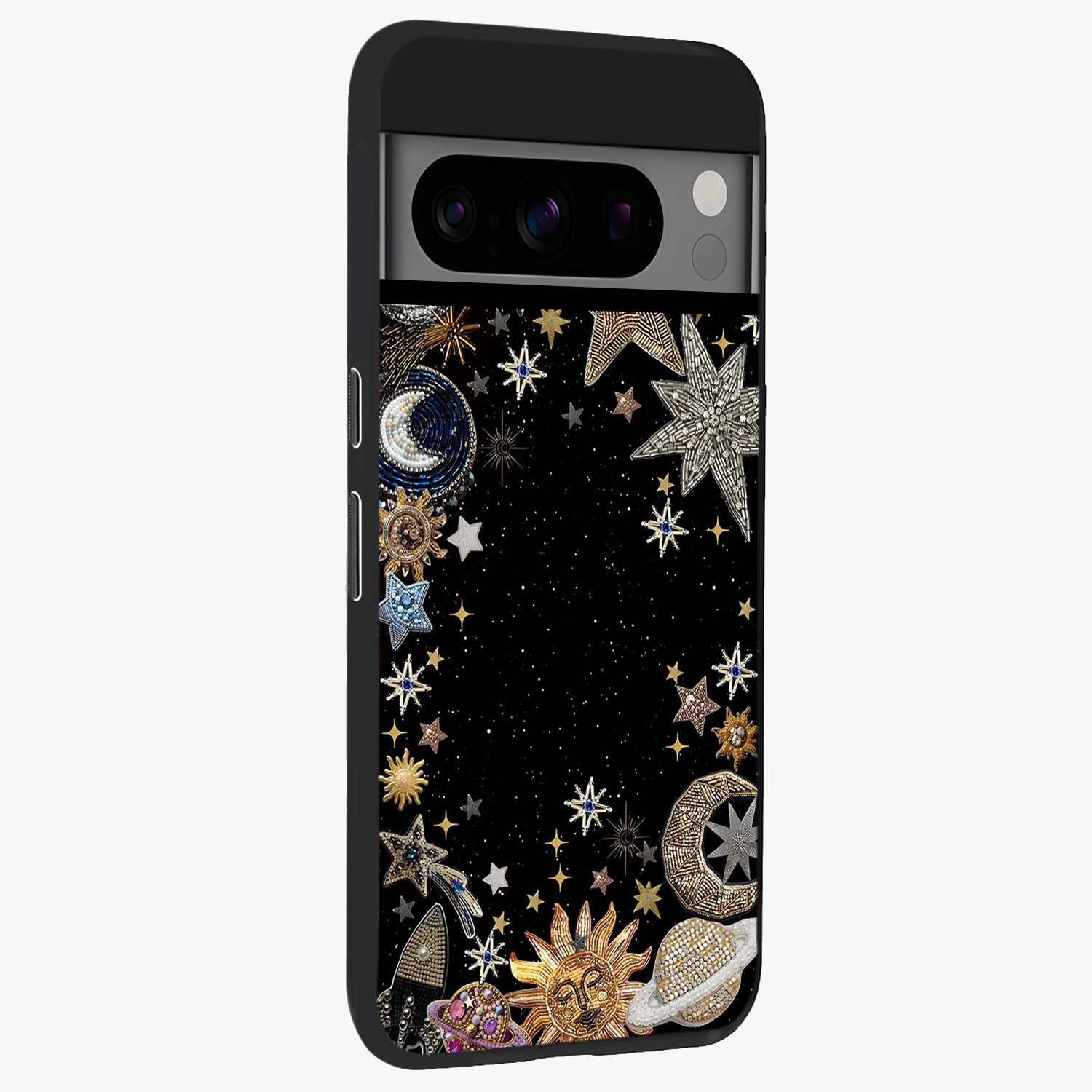 Galactic Jewel Stars Glass Case upright view showcasing glittering star jewel artwork with vibrant galaxy theme.