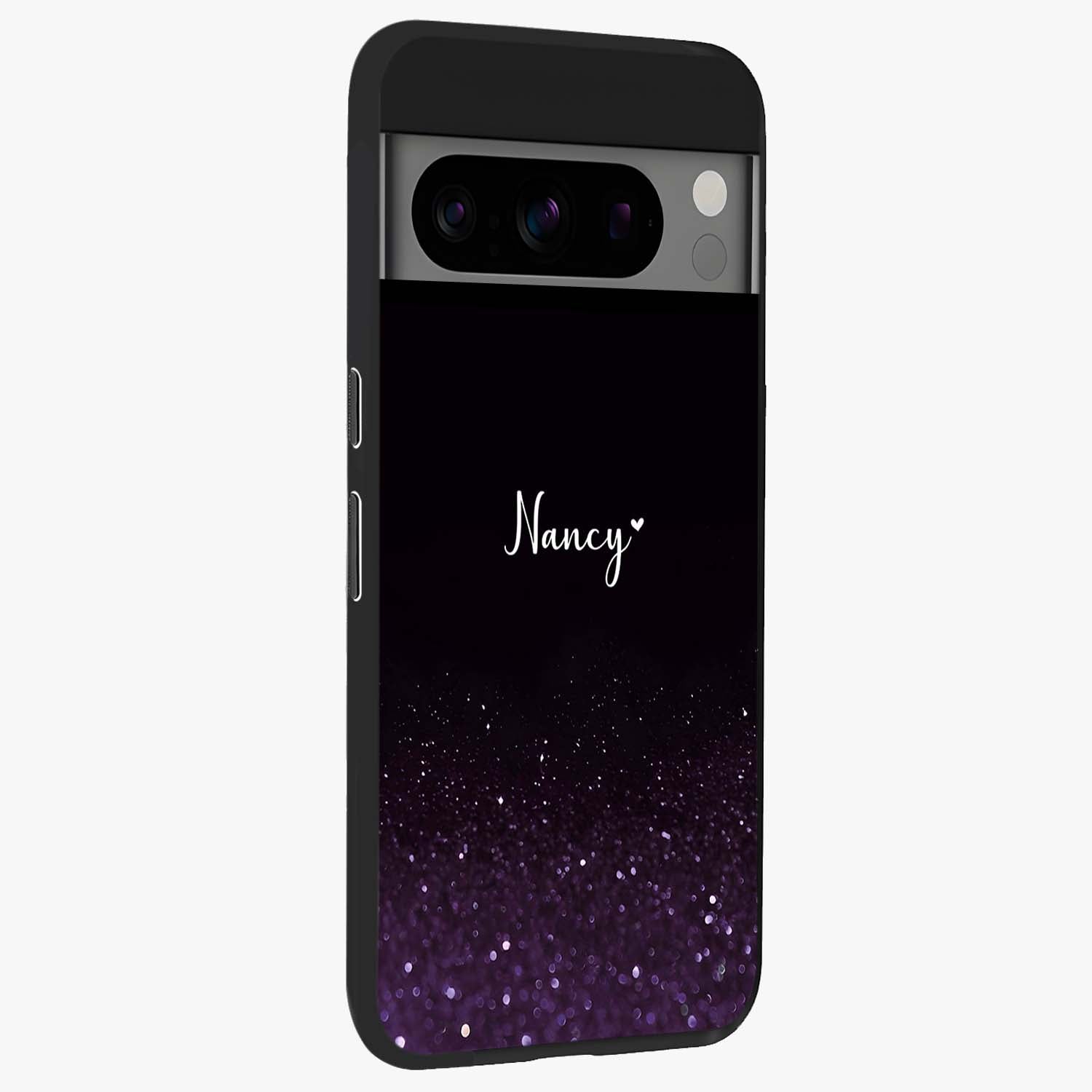 Glittery Purple Bokeh Custom Name Glass Case upright view showcasing vibrant purple sparkle artwork with personalized aesthetic style.
