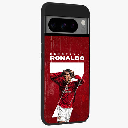 Goal Celebration Legacy Glass Case upright view showcasing dynamic football inspired artwork with victory celebration aesthetic.