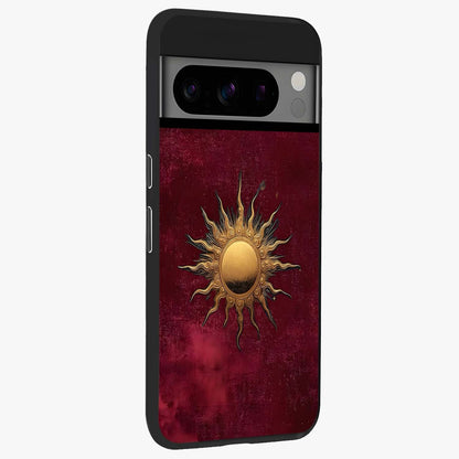Golden Sun Minimalism Glass Case upright view showcasing simple golden sun artwork with elegant minimalist style.